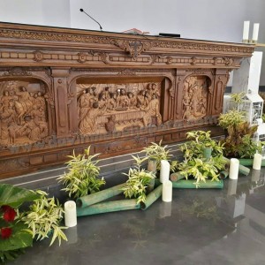 meja altar ukiran relief perjamuan kudus suci jalan salib